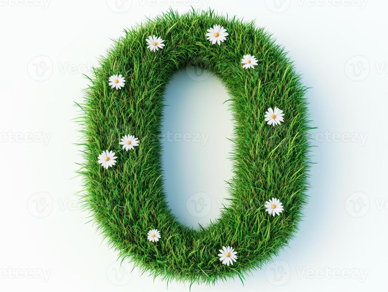 Number zero made of grass and daisies on a light background photo