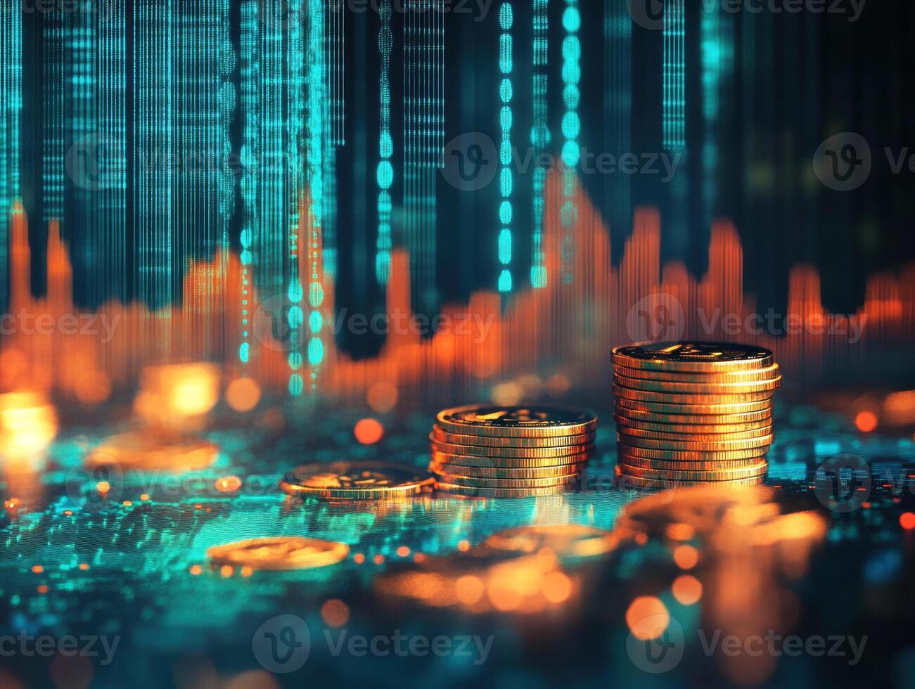 Financial growth with coins and digital data visualization photo