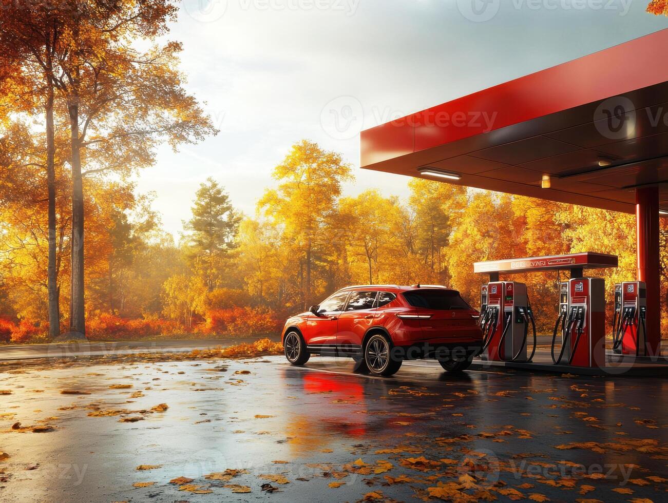 Autumn fueling at a gas station surrounded by colorful foliage photo