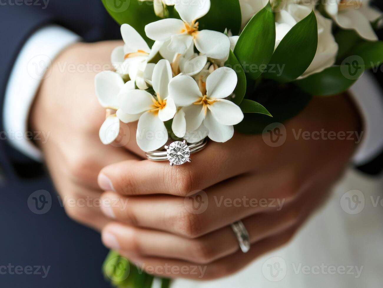 Wedding rings held with bouquet of white flowers during ceremony photo