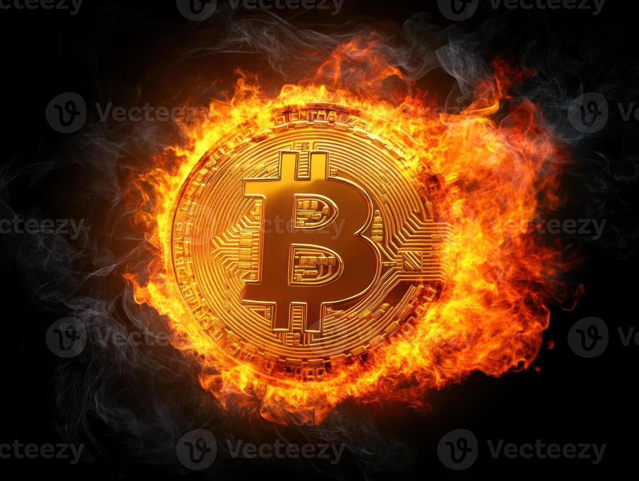 Bitcoin symbol engulfed in flames representing volatility closeup photo