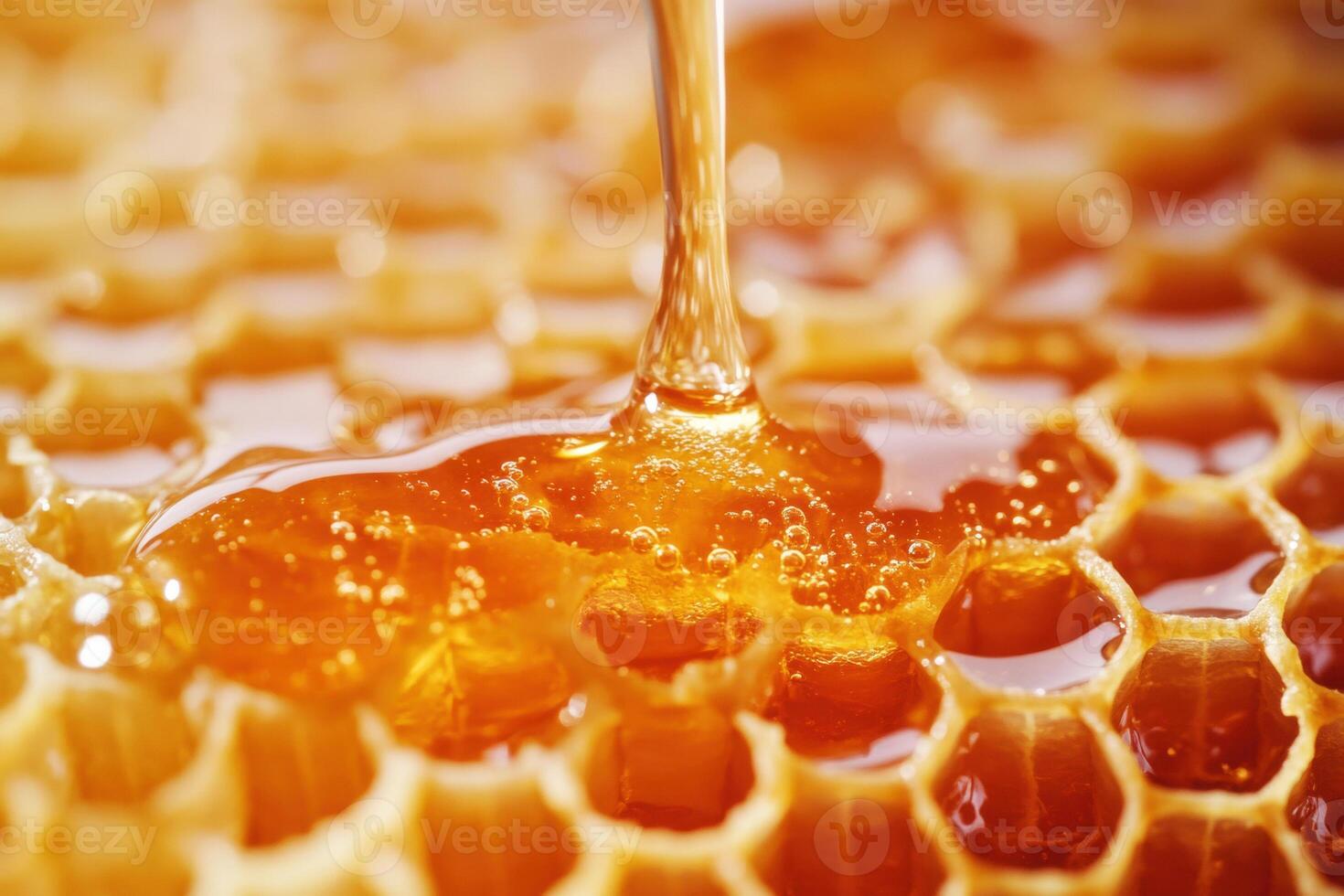 Honey dripping from honeycomb in a natural setting photo