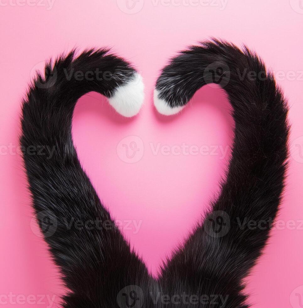 Two cat tails form a heart shape against a pink background photo