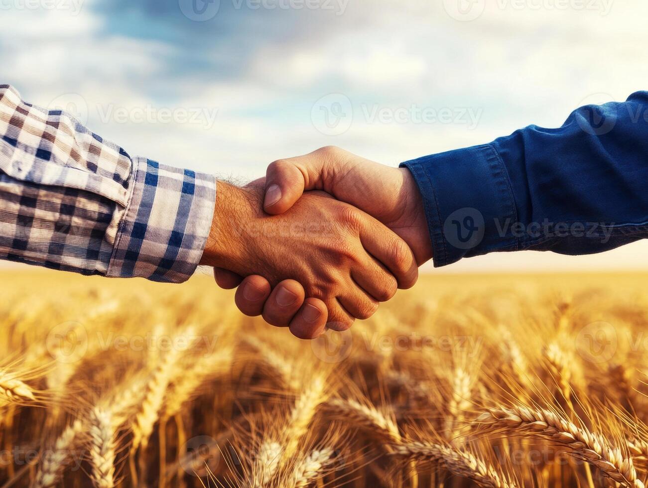 Handshake between two farmers in a wheat field at sunset photo