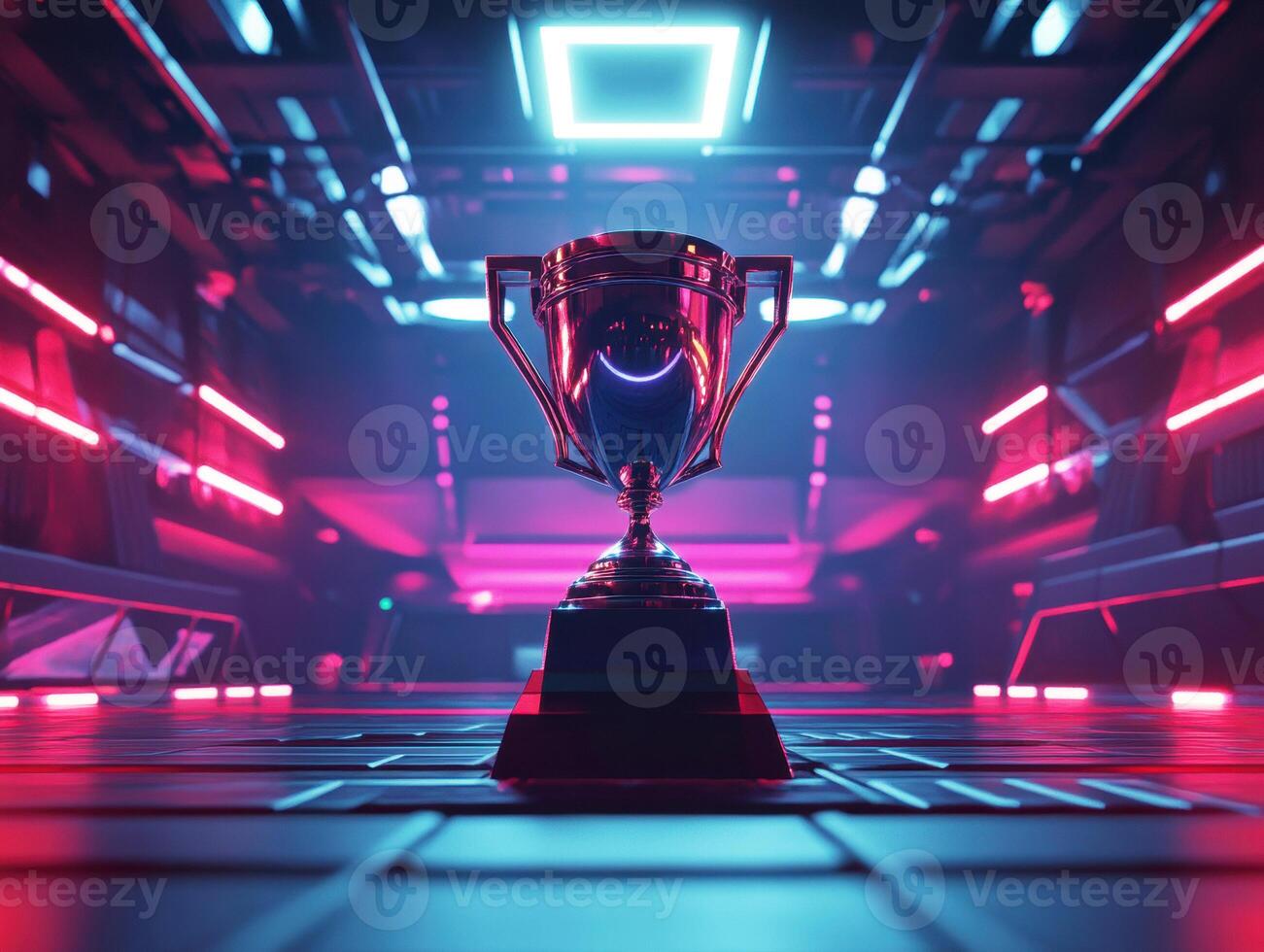 Futuristic trophy stands in illuminated arena with vibrant lights photo