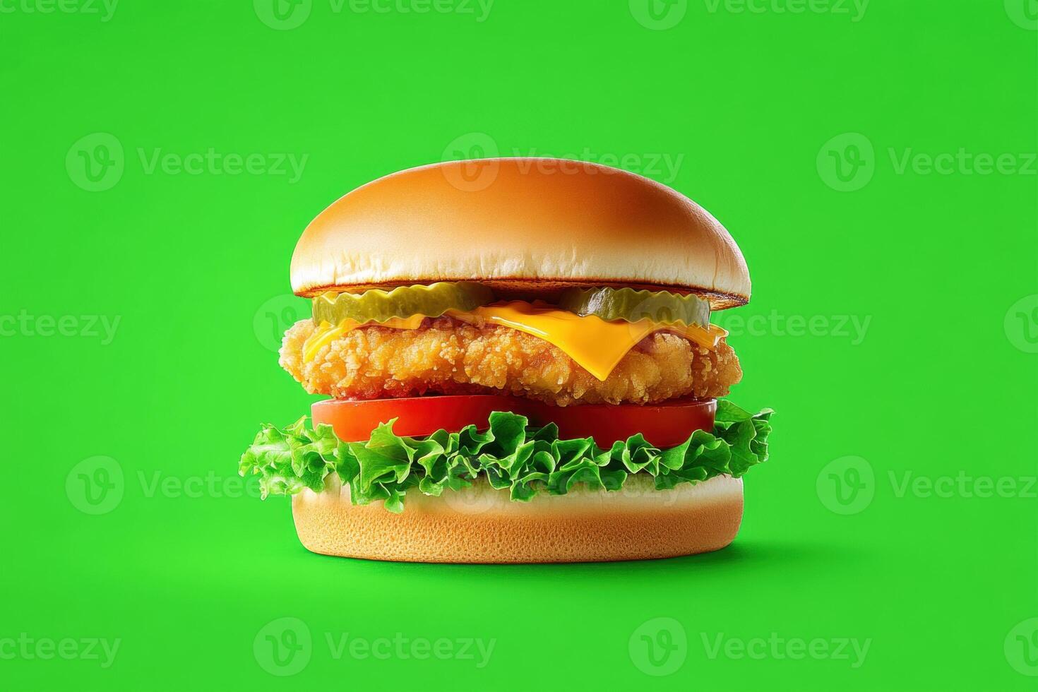 Delicious chicken burger with fresh vegetables on green background photo
