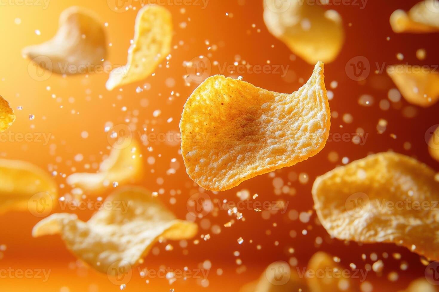 Potato chips on an orange background with salt sprinkled photo