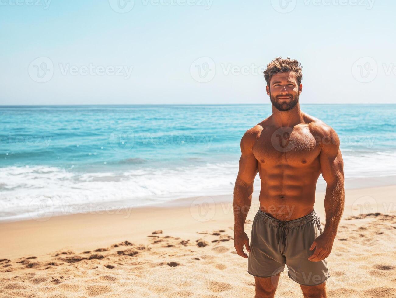 Young man enjoying a sunny day at the beach by the ocean photo
