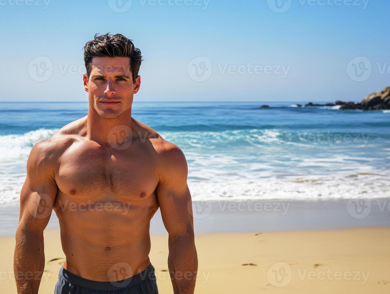 Shirtless man standing on beach with ocean waves in background photo