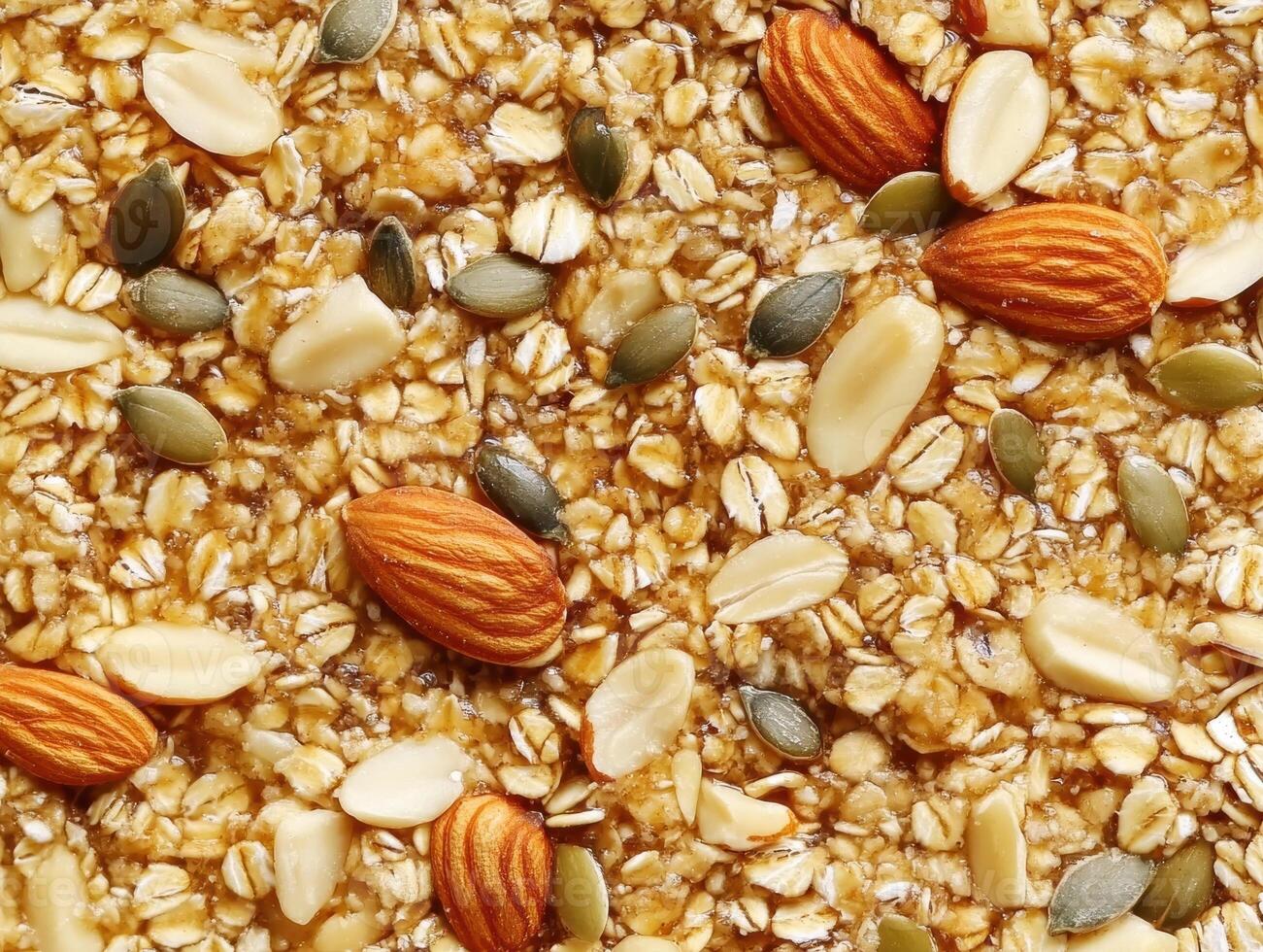 Oats mixed with various nuts and seeds for healthy snack preparation photo
