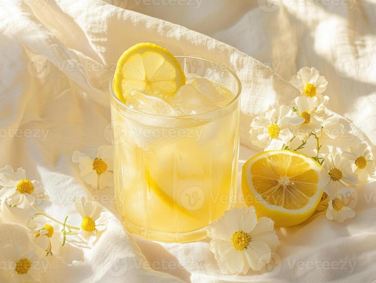 Refreshing lemon drink with ice and flowers on a soft surface photo