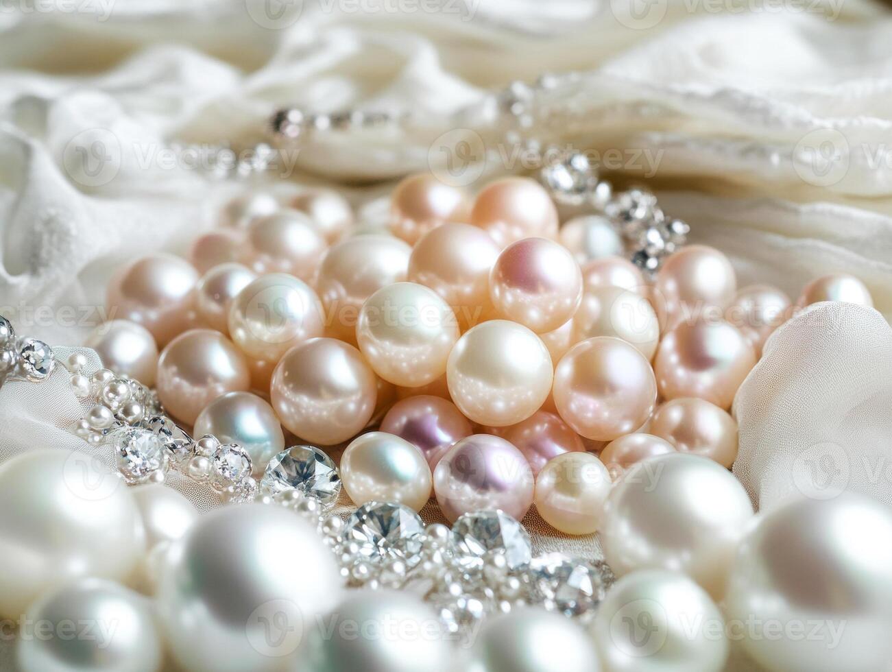Exquisite collection of pearls and jewelry on soft fabric backdrop photo