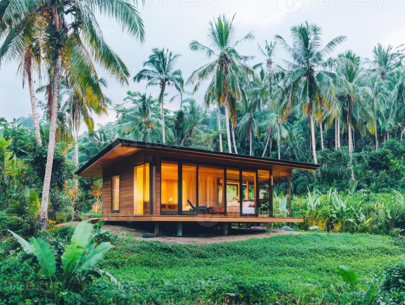 Modern wooden cabin nestled among tropical palm trees photo