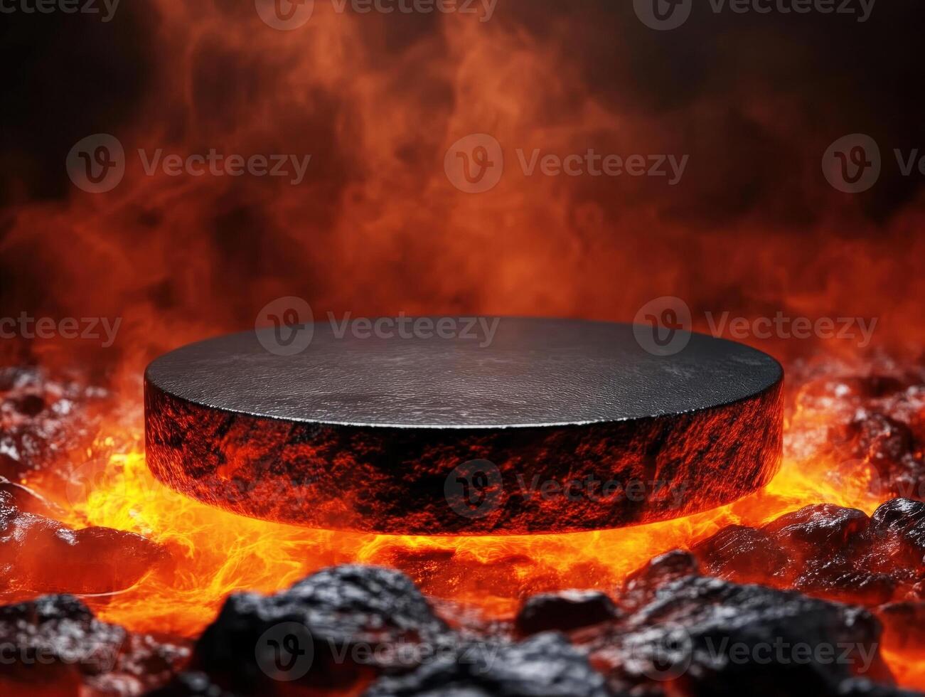 Molten rock surrounding a circular stone in a fiery landscape photo