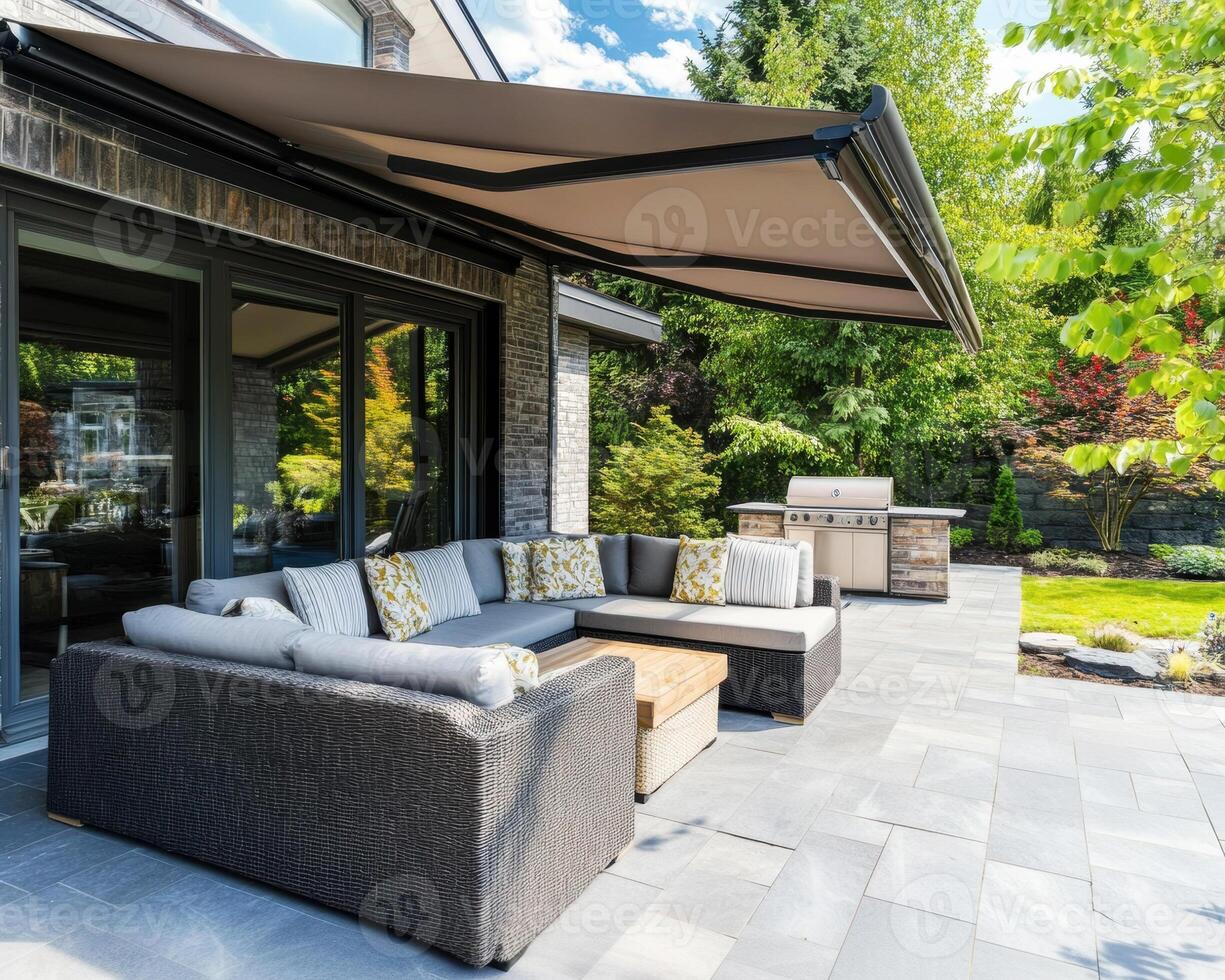 Cozy outdoor seating area with grill in a sunny garden photo