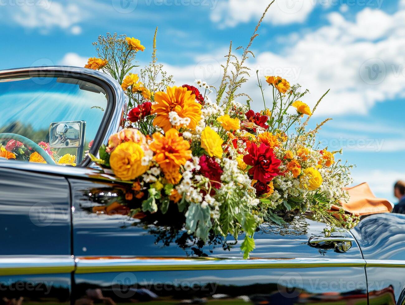 Classic car adorned with vibrant flowers at a sunny outdoor event photo