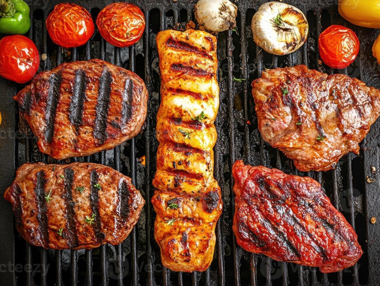Grill marks highlight a variety of meats cooking on the barbecue photo