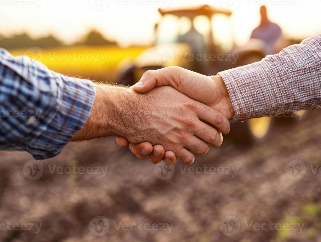 Farmers shake hands in a field at sunset during harvest time photo
