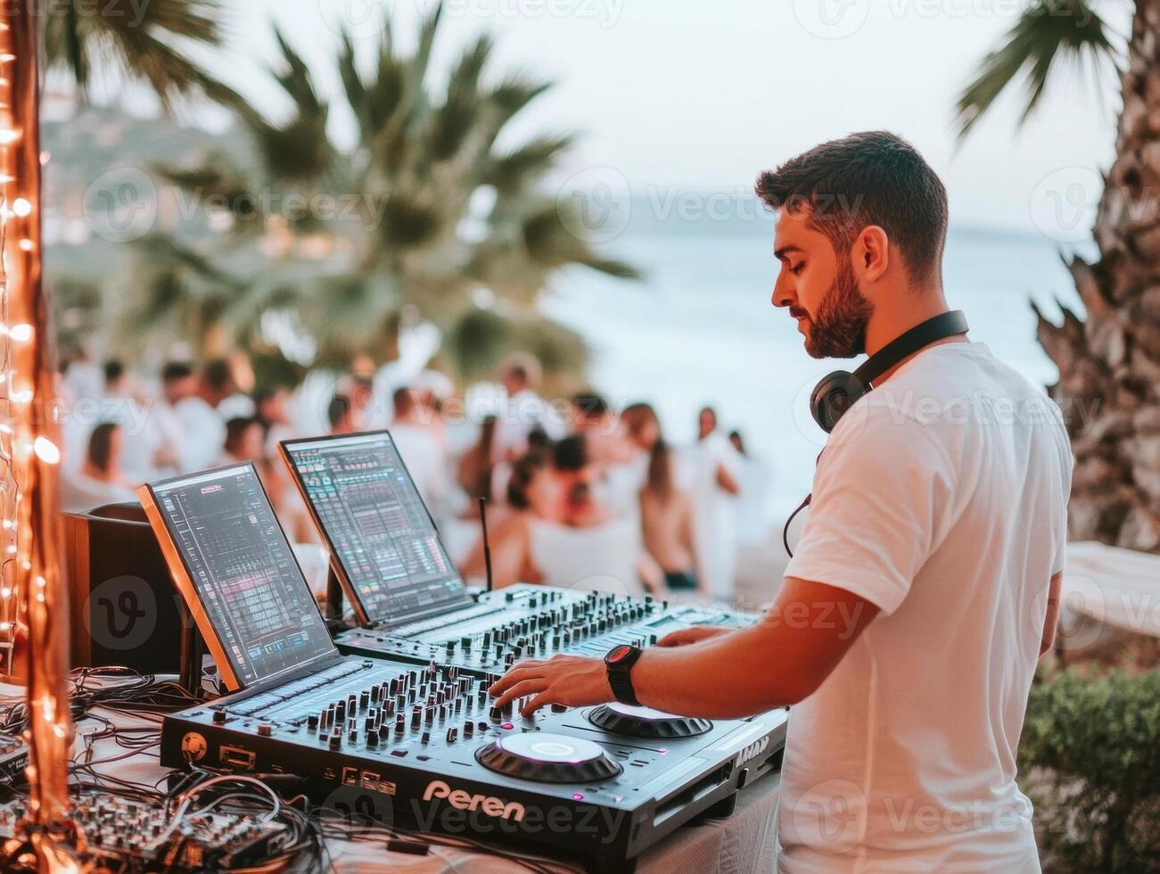 Sunset beach party with DJ playing lively music by the ocean photo