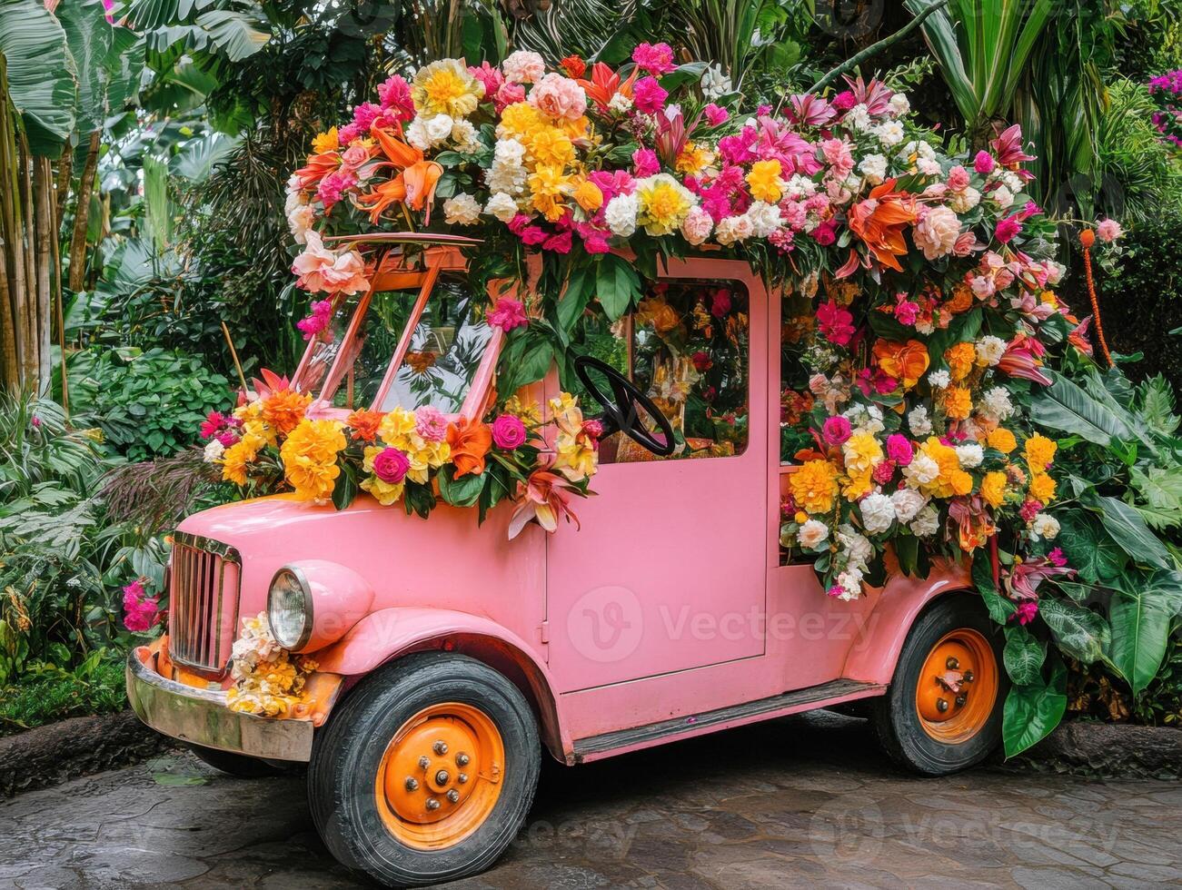 Colorful flower-covered vehicle in a lush garden setting photo
