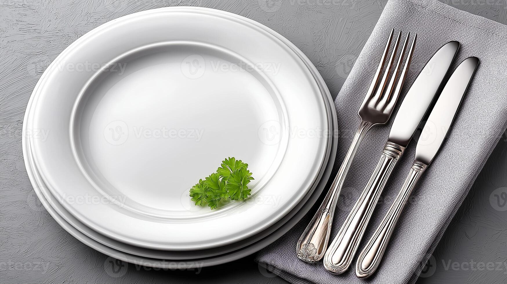 Elegant white plate set on a dining table surrounded by blurred utensils and napkin in an inviting meal setting. Clean white plate on a dining table, complemented by blurred silver utensils photo