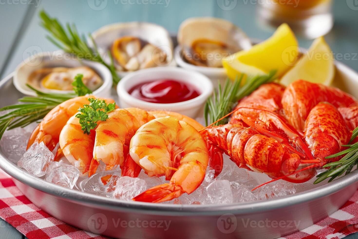 Elegant seafood platter featuring lobster, prawns, and clams served in upscale restaurant on ice with dipping sauces. Sea food platter adorned with fresh lobster, succulent prawns, and tender clams photo