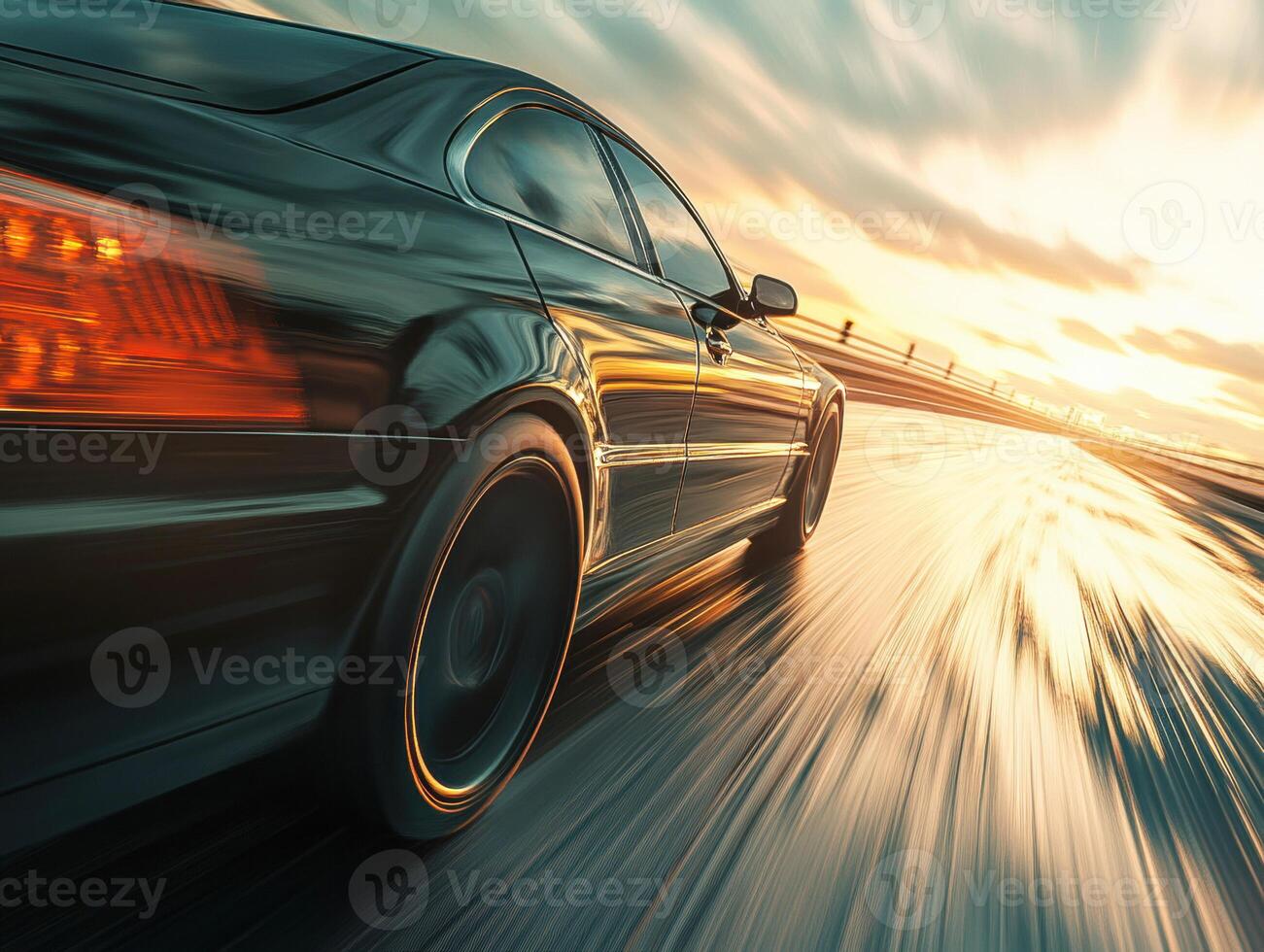 Fast car driving on a wet road during sunset in a vibrant location photo