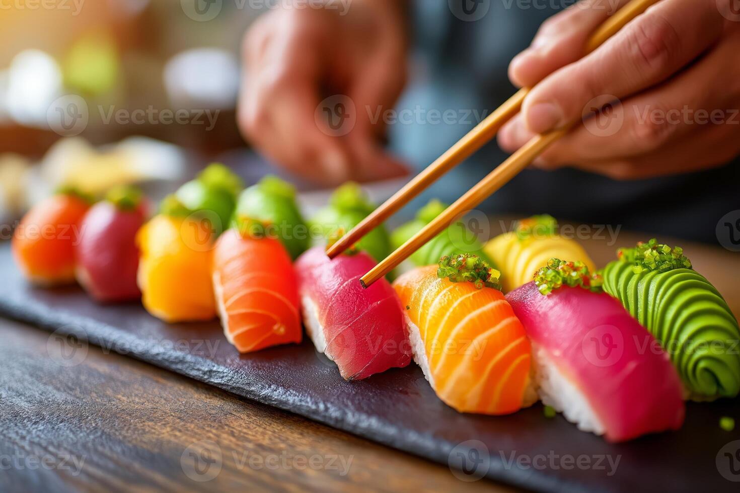 Masterful hands prepare colorful sushi with raw tuna and salmon, culinary skill and fresh ingredients. Chef's hands decorate sushi using vibrant raw tuna and salmon in a stylish modern kitchen photo
