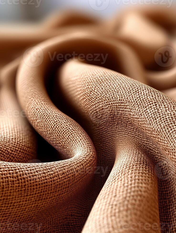 Textured fabric draping elegantly in soft natural light highlighting intricate weave patterns and warm tones. close-up view of beautifully textured fabric draping softly with intricate weave patterns photo