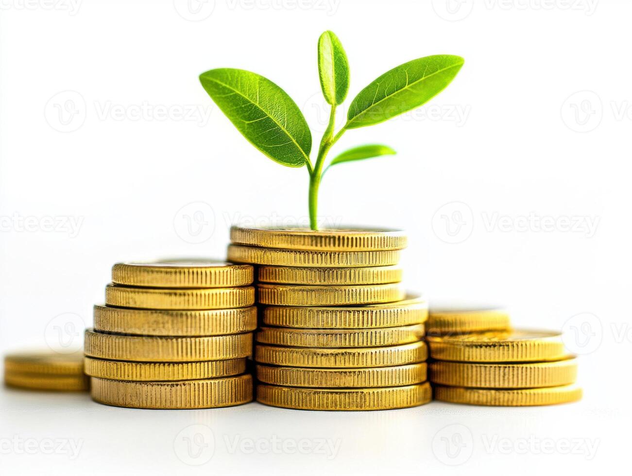 Green plant growing from a stack of gold coins in bright light photo