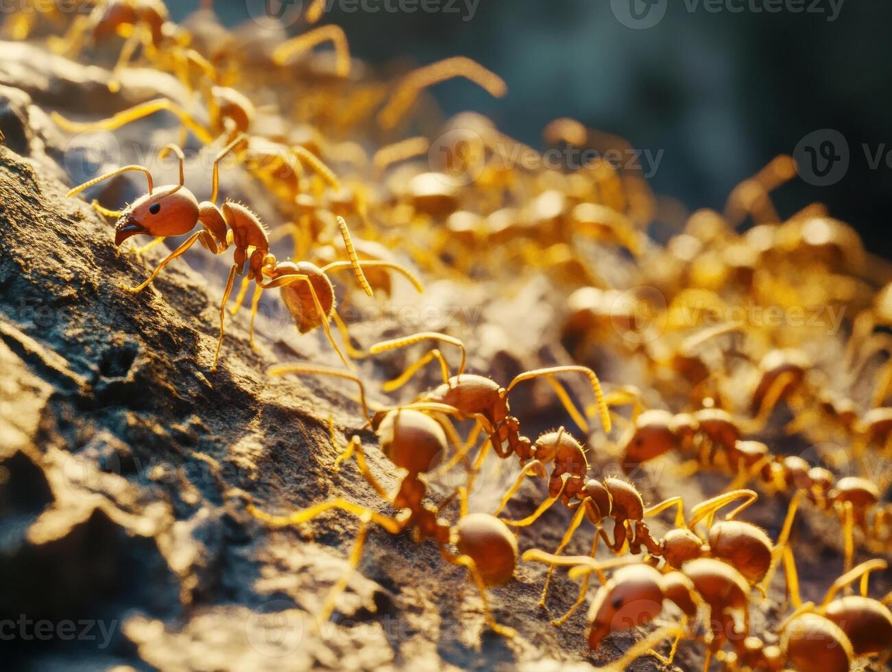Ants marching in formation on a rocky surface during daylight photo