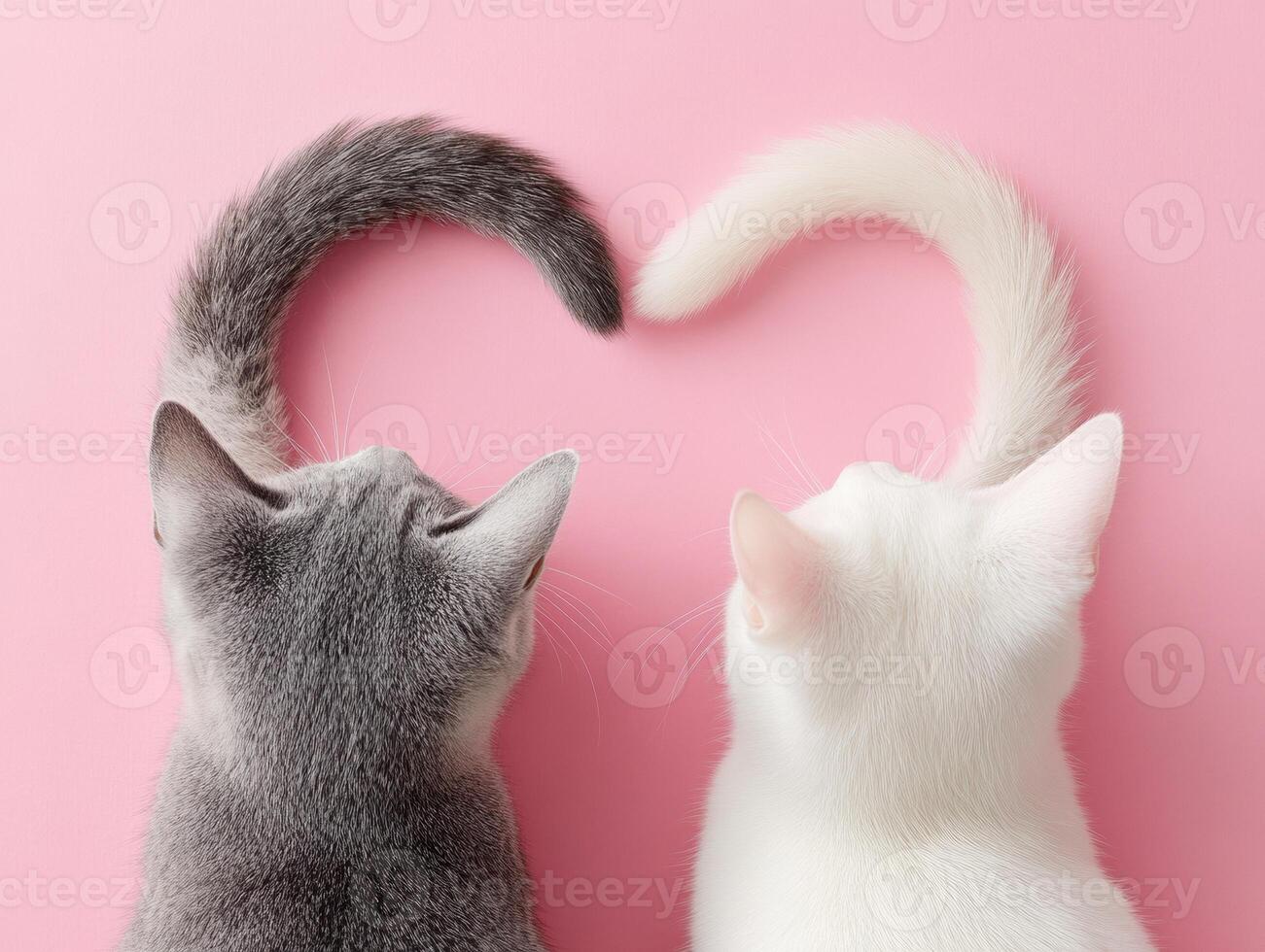 Two cats create heart shape with their tails on pink background photo