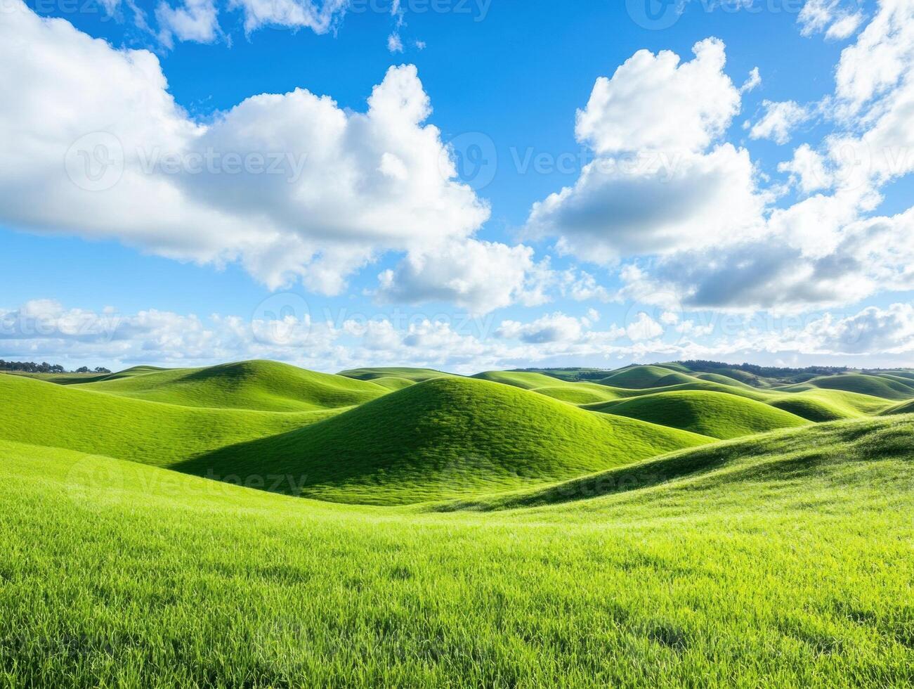 Lush green rolling hills under a bright blue sky with clouds photo