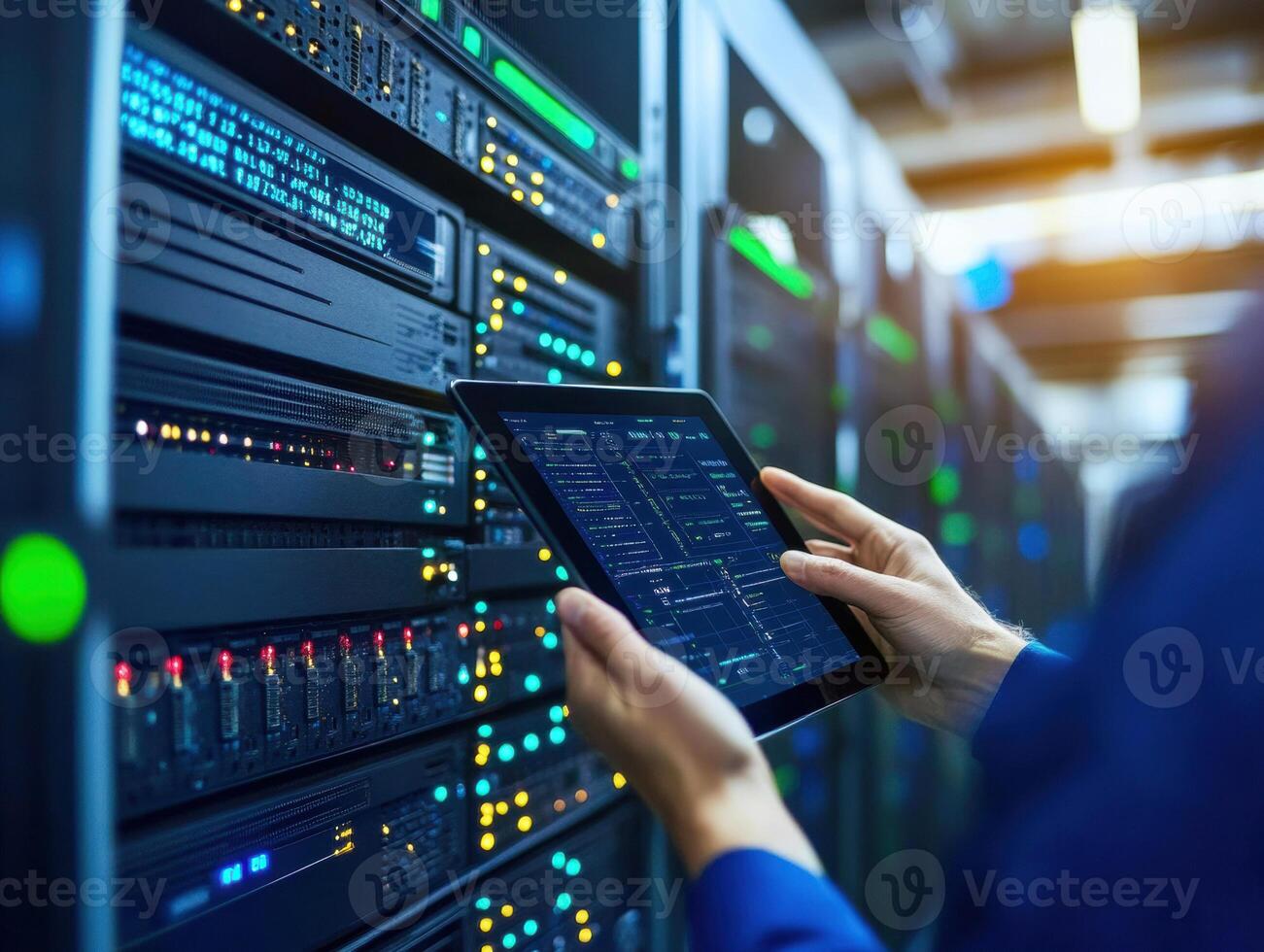 Technician checks server performance using tablet in data center photo