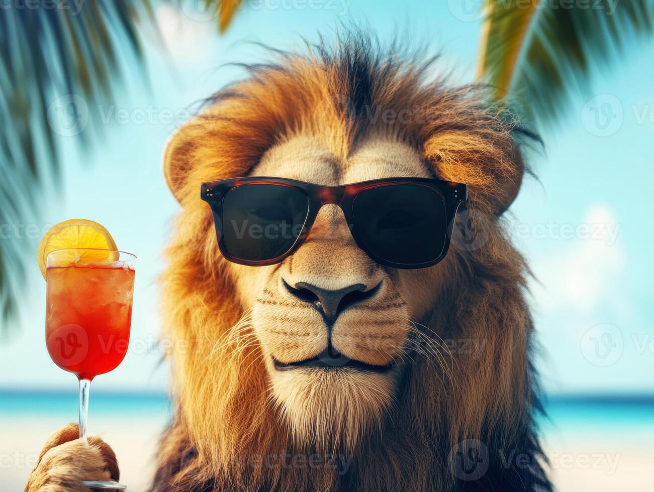 Lion enjoying a tropical drink at the beach in sunny weather photo