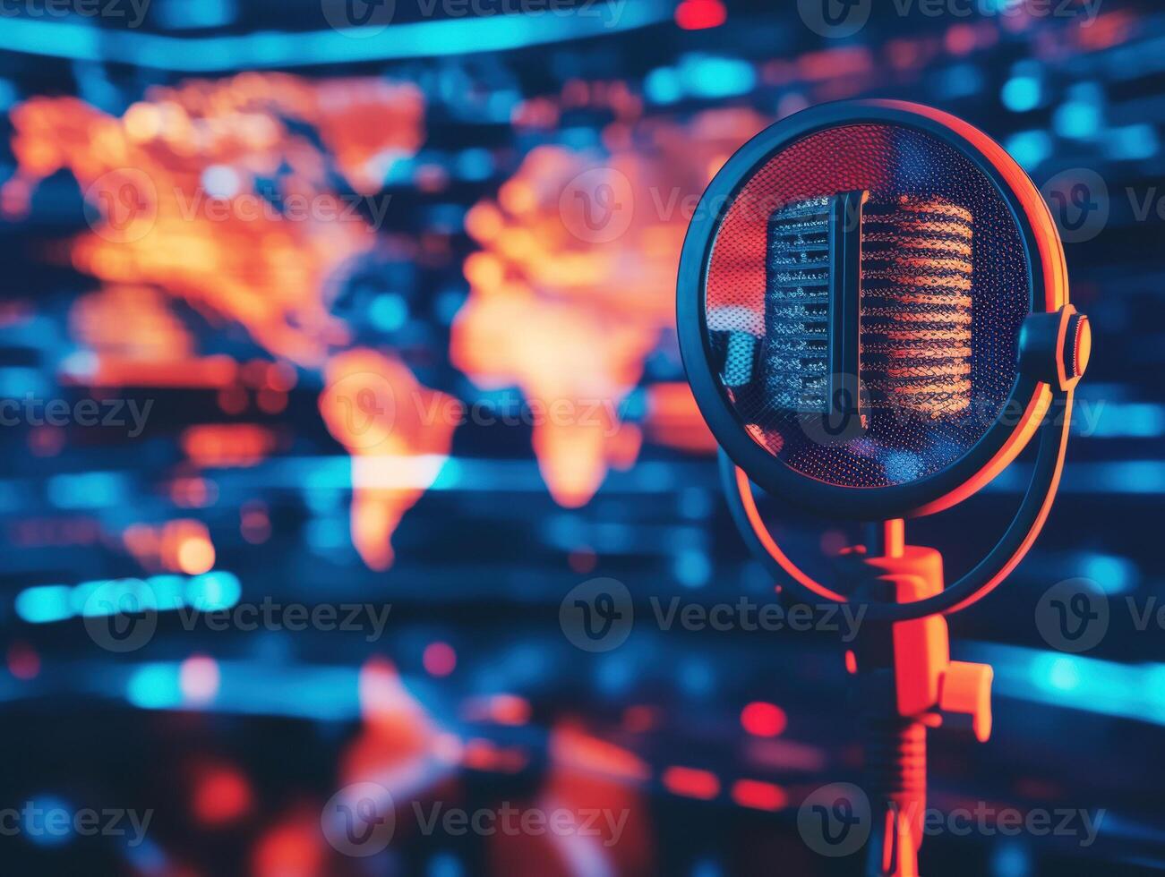 Broadcast studio microphone with colorful backdrop and world map photo