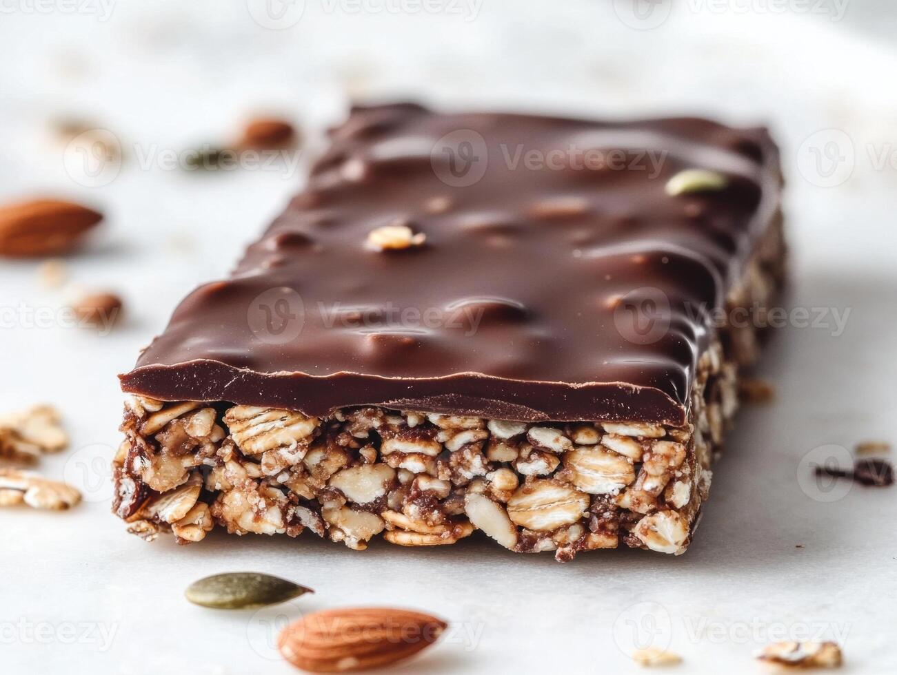 Chocolate-covered granola bar with nuts and seeds on display photo