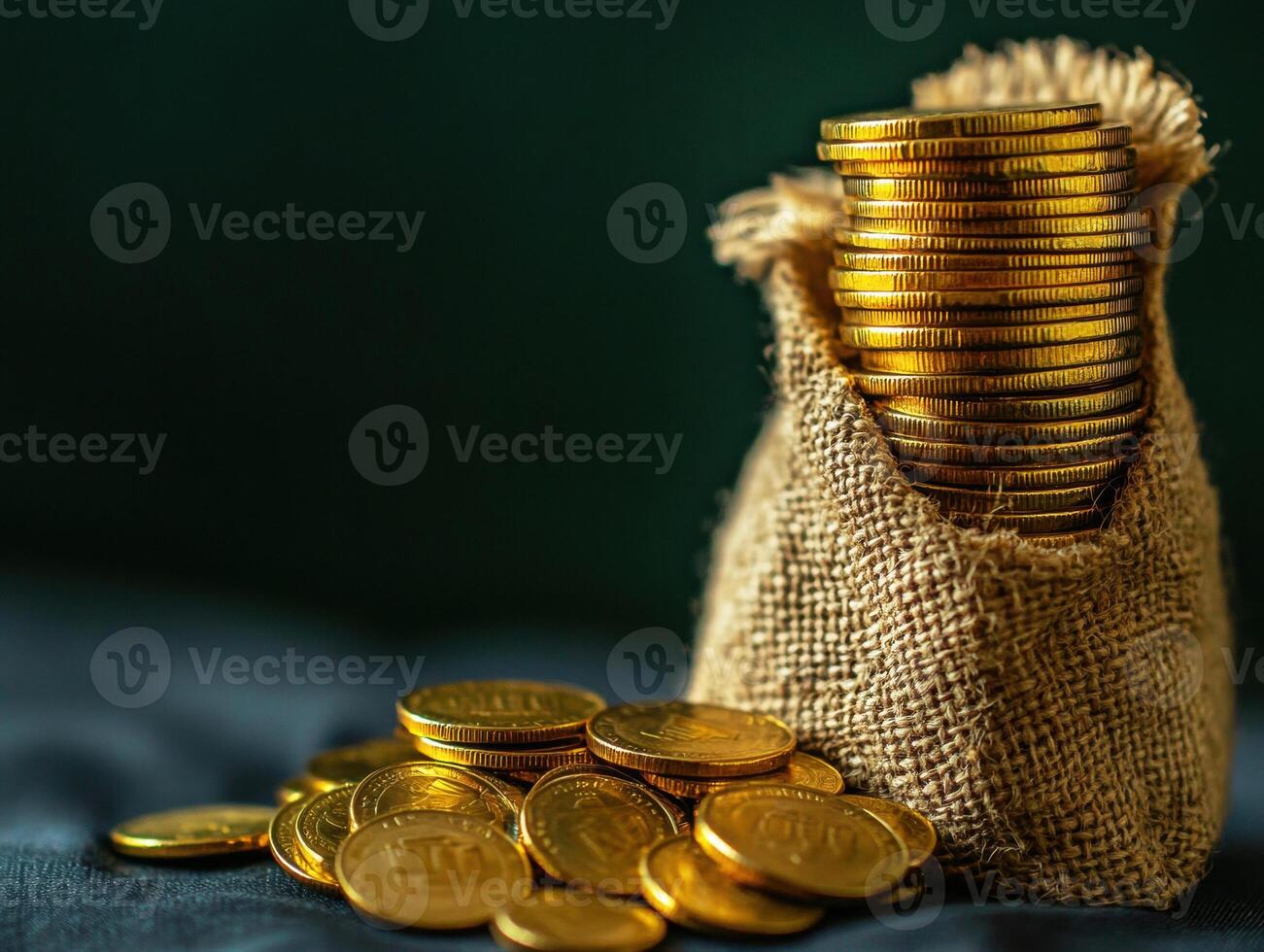 Gold coins spilling from burlap sack on a dark background photo