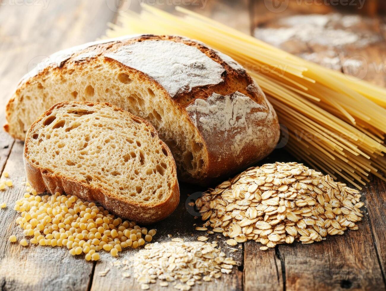 Freshly baked bread with grains and pasta on rustic wooden table photo