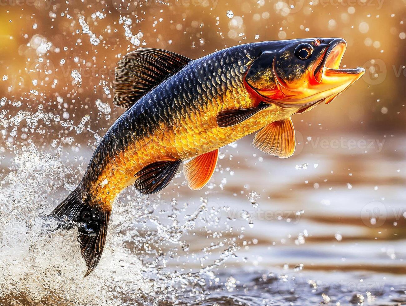 Fish leaps from water creating splash in golden sunset photo