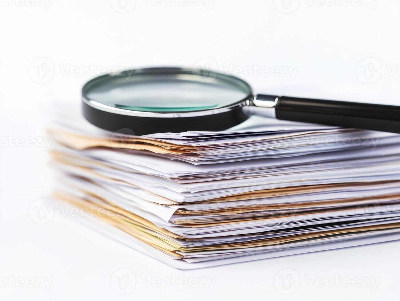 Exploring documents and files with a magnifying glass on a table photo