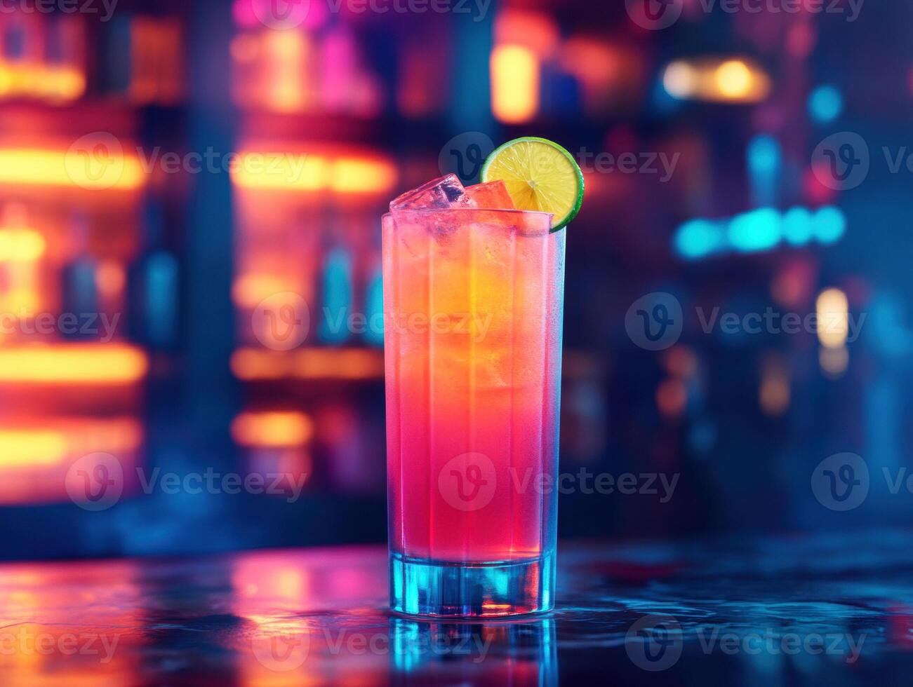 Colorful cocktail served in a glass at a lively bar photo