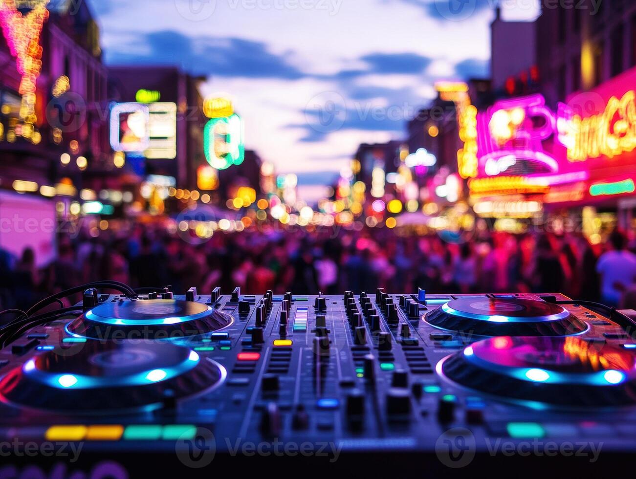 Nighttime street festival featuring vibrant lights and music photo