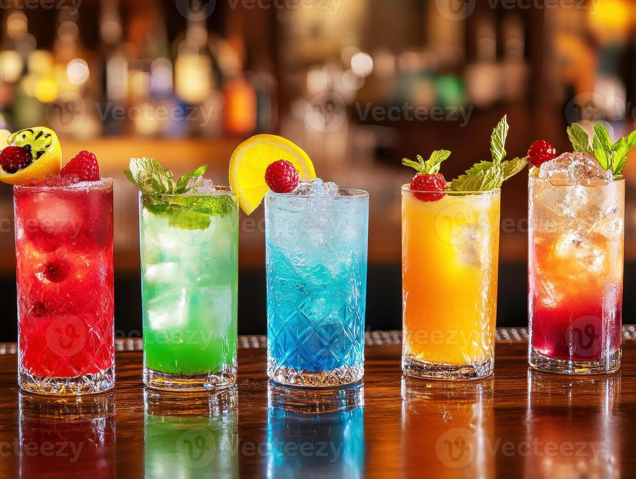 Colorful cocktails arranged on a bar for a festive gathering photo