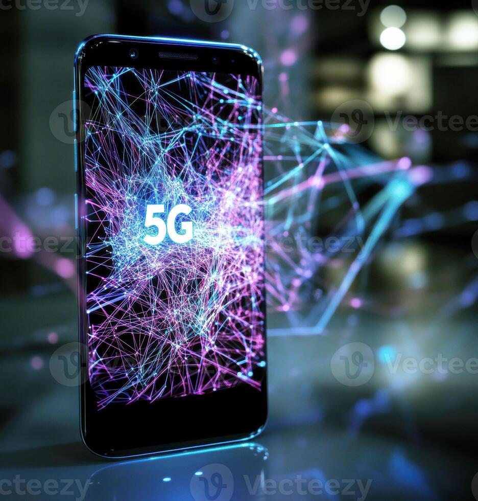 Innovative smartphone displaying 5G connectivity with vibrant visuals photo