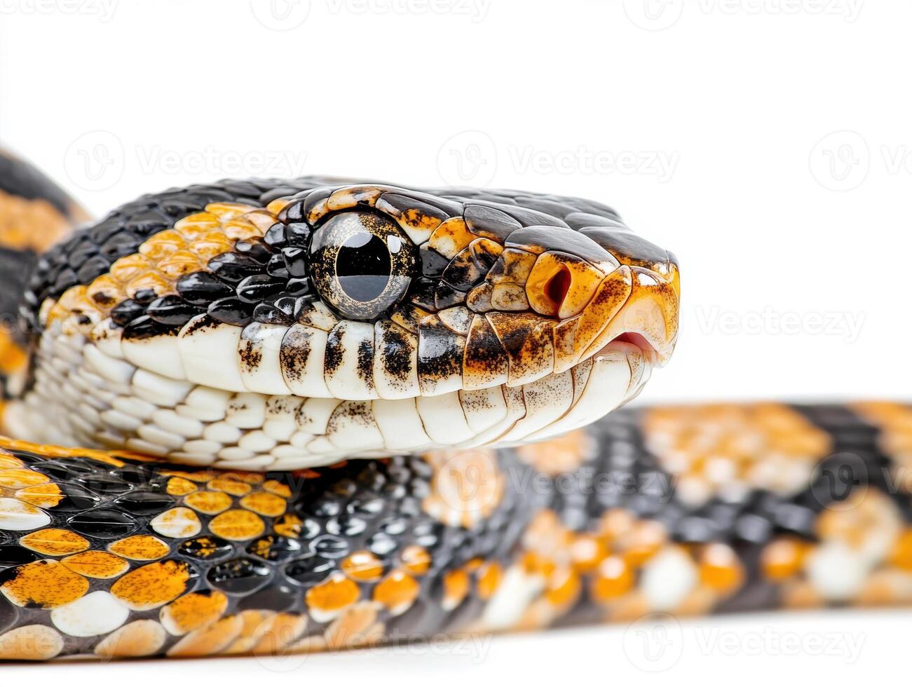 Colorful snake resting on a white background showcasing its scales photo