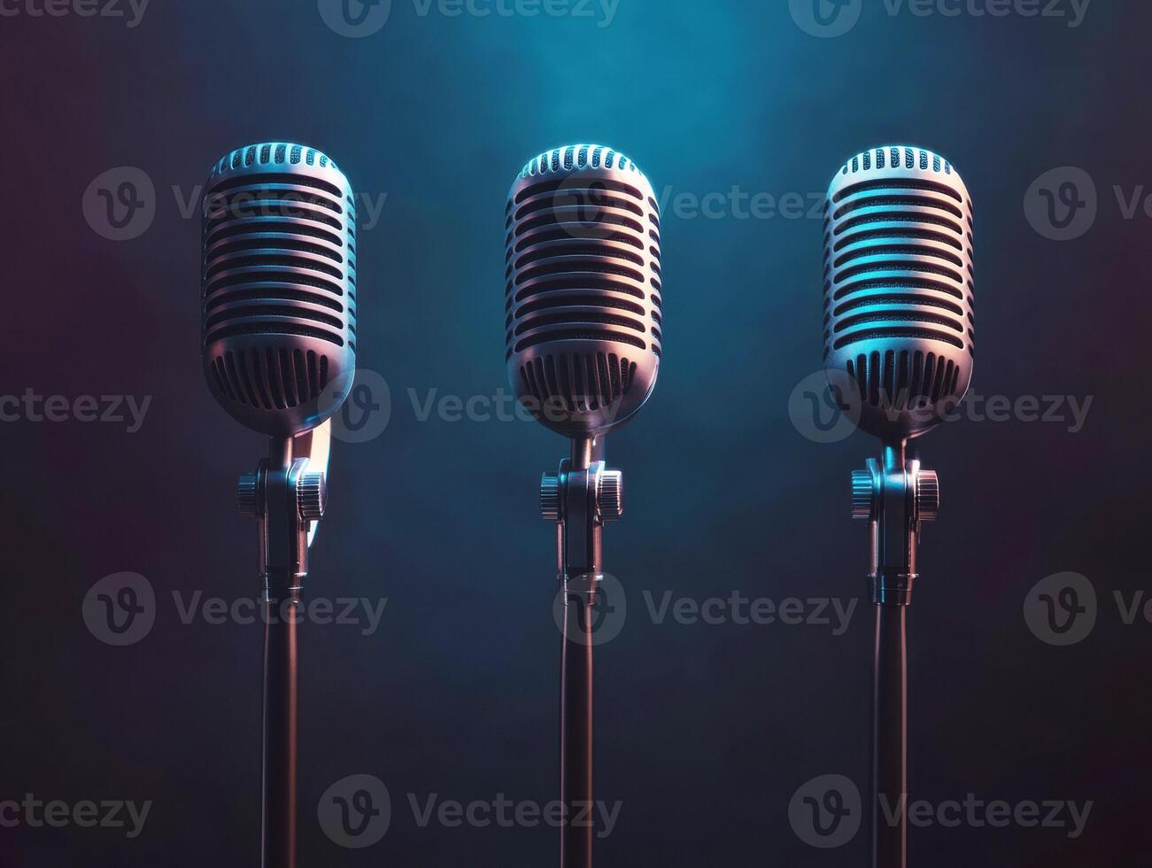 Three vintage microphones arranged for a music performance photo