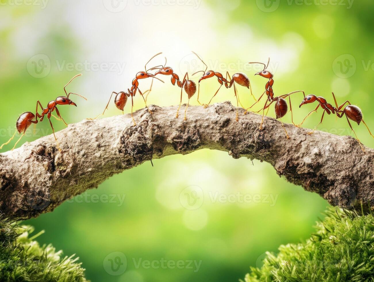Ants form a bridge using body teamwork in a green forest photo