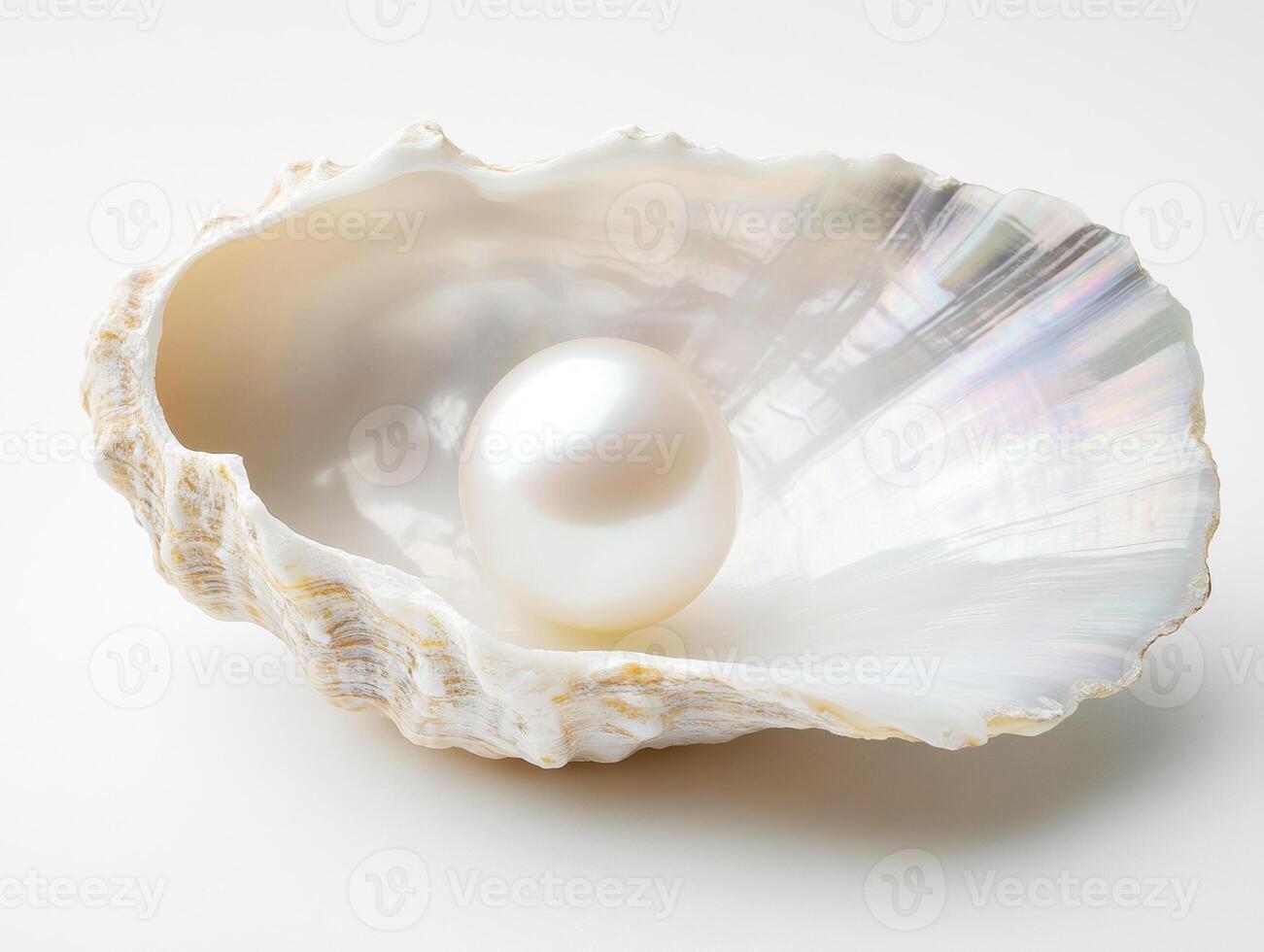 Beautiful pearl resting in a shimmering shell on a white surface photo