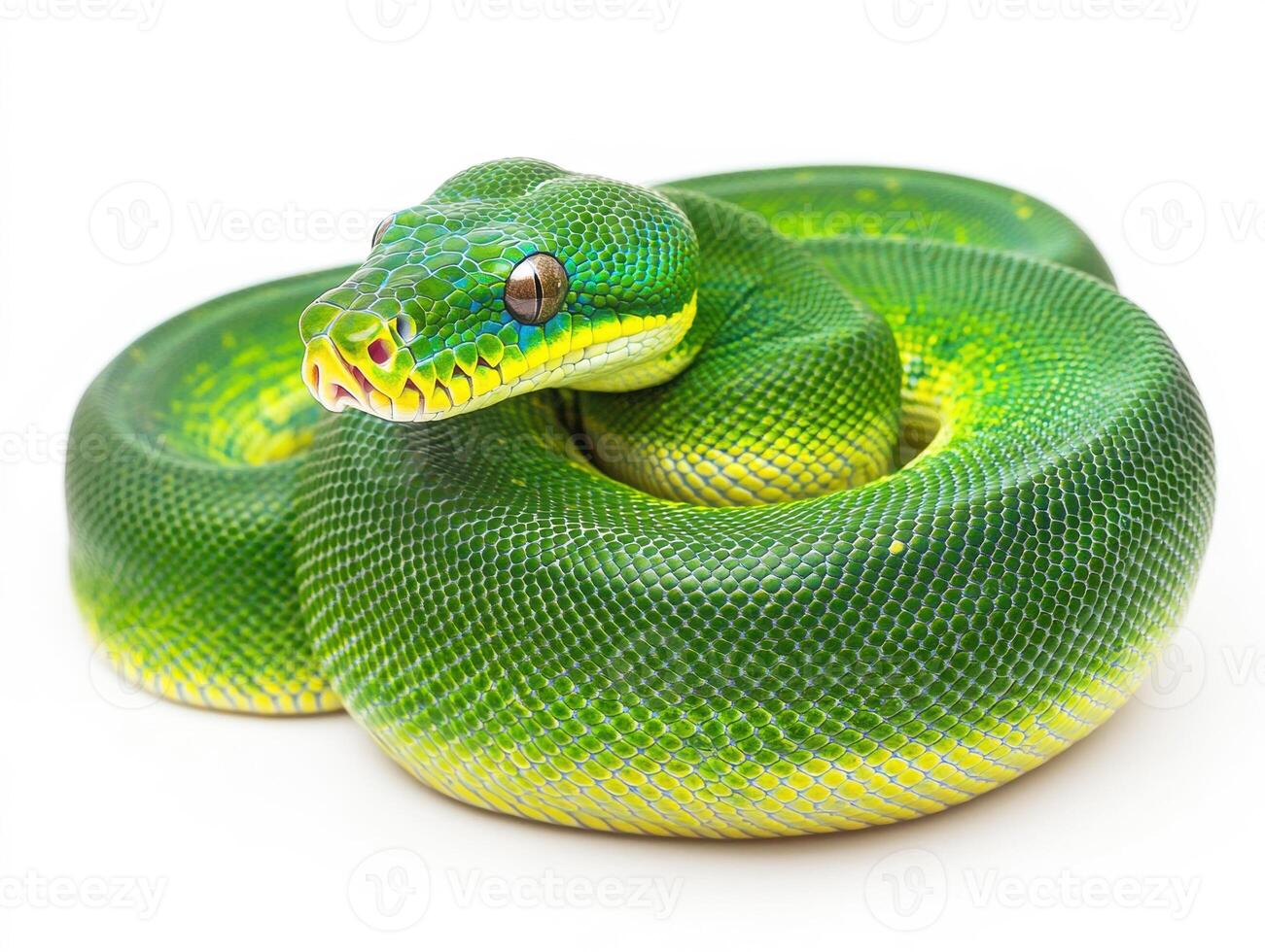 Green python coiled elegantly on a bright surface photo